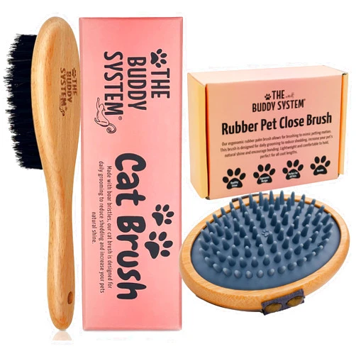 The Buddy System Cat Brush with Boar Bristle and Wooden Handle and Pet Close Brush, Soft Touch Oval Palm Brush