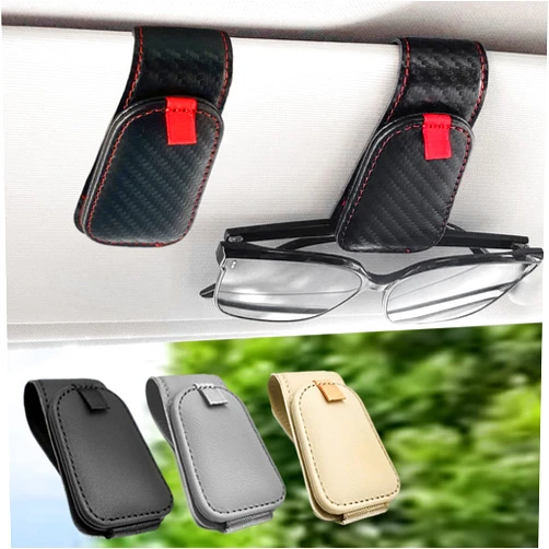 Teoenix Sunglass Holder for Car, 2 Pack Car Sunglass Holder Visor Clip Magnetic Leather Sun Glasses Eyeglass Hanger, Fit for Different Size Eyeglasses, Carbon Fiber Black/Red
