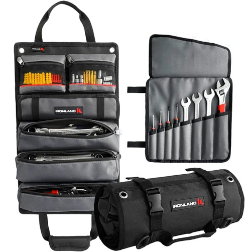 IRONLAND Tool Bag Roll Up, Heavy Duty Tool Organizer for Men Portable Tool Storage Box with 6 Detachable Zipper Pouch - Gifts for Dad Tool Roll Organizer For Mechanic, Electrician Wreach Pouch Black