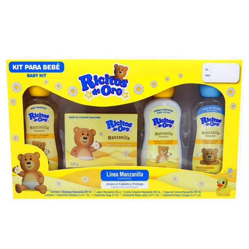 Ricitos de Oro Baby Kit, Chamomile, Hypoallergenic Products, Chamomile Shampoo, Bar Soap, Body Lotion, Body Cologne, 4 Products Inside, One Kit