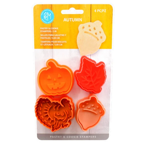 R&M Autumn Theam Pastry & Cookie Stamper set of 4. Assorted Designs & Colors, Turkey, Acorn, Pumpkin, Oak leaf. 2 Inch Assorted Color Cookie Cutters