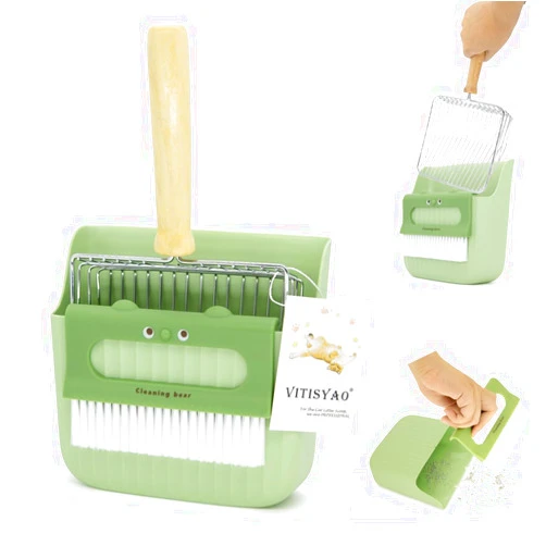 Vitisyao Cat Litter Scoop with Holder, Stainless Steel Kitten Poop Lifter- Portable Dustpan- Cleaning Brush, Fast Sifting Scooper for Kitty Litter Boxes (Green)