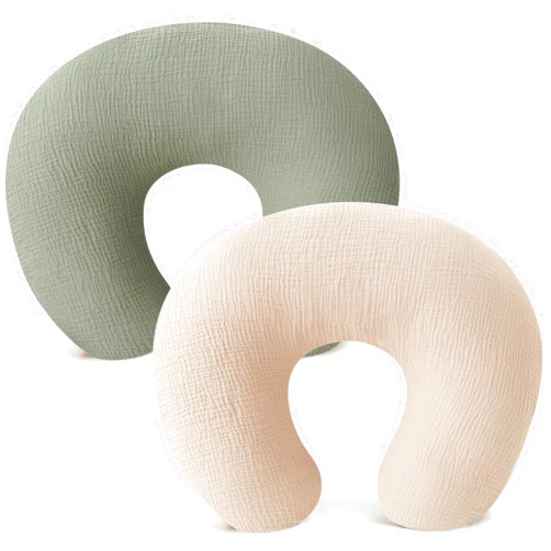 Konssy Muslin Nursing Pillow Covers, Soft and Cute Nursing Covers for Breastfeeding Pillows, Ideal for Newborn Baby Boys and Girls (Fog Green, Cream) - 2 Pack