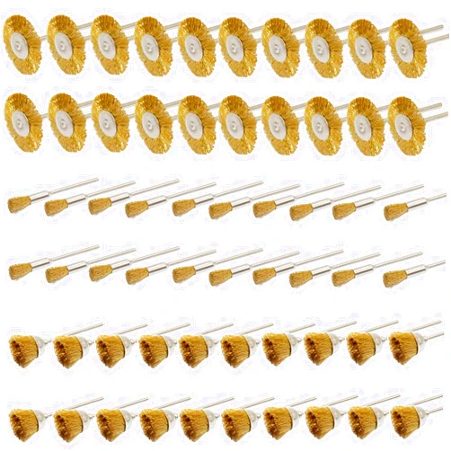 PHYHOO Brass Wire Brushes Cup Wheels Polish Cleaning Brush Kit Polishing Attachment Die Grinder Rotary Tools Accessories 3 MM Mandrel 60 Pieces