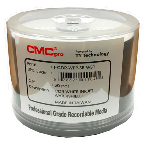 Taiyo Yuden CMC Pro - Powered by TY Technology Watershield Glossy White Inkjet Hub 48x 80 Minute/700MB CD-Rs in 50 Disc Cake Box Spindle