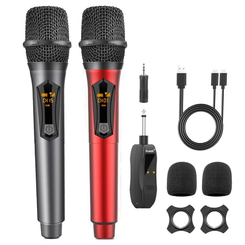 Aveek Wireless Microphone for Karaoke, Rechargeable 2.4GHz Mic for Singing, Speeches, Weddings, Church, Compatible with Karaoke Machines, Amplifiers, Speakers, Mixers, Grey & Red, 2 Packs