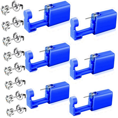 Honoson 6 Pcs Ear Piercing Gun Kit Disposable Nose Piercer Self Ear Pierce Kit with Pierced Earrings Portable Piercing Kit Household Piercing Tools with Studs for Men Women (Rhinestone Style, Dark Blue)