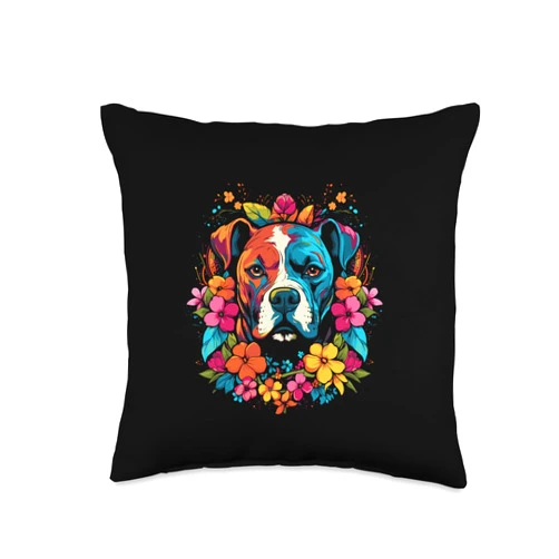 Bäume Meditieren, lustige Bayern Sprüche Rainbow Boxer Dog with Flowers Art for Men Women Child Throw Pillow, 16x16, Multicolor