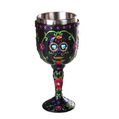 Pacific Giftware Day of The Dead Celebration Black Sugar Skull Floral Design Collectible Wine Goblet 7oz