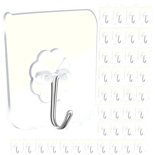 Anffeary 40 Packs Self Adhesive Wall Hooks Heavy Duty 22lb(Max), Waterproof Transparent Wall Hooks for Hanging Wall Hangers Sticky Hooks for Door Bathroom Shower Kitchen Outdoor Utility Hooks Hanger