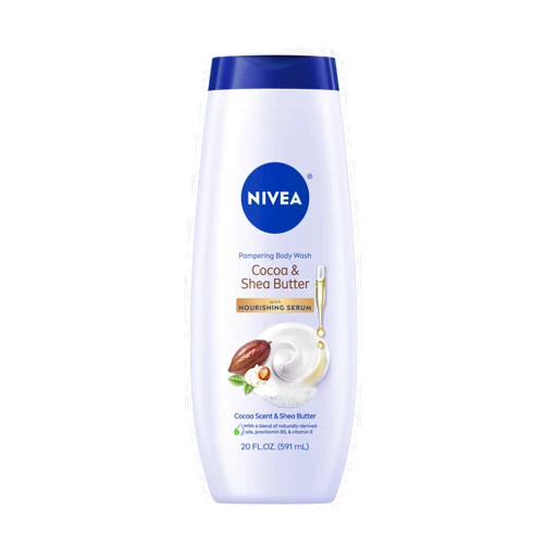 NIVEA Pampering Cocoa and Shea Butter Body Wash with Nourishing Serum, Moisturizing Body Wash for Women, Enriched with Provitamin B5 and Vitamin E, 20 Fl Oz Bottle