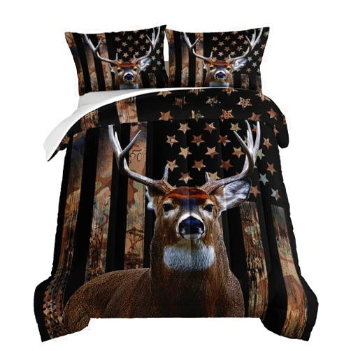 HOSIMA Deer Hunting Camo Comforter,Hunter Bedding Set American Flag Comforter Full Size for Room Decor,Deer Comforter Set for Boys Teens Girls,Full Comforter Set with 2 Pillowcase.