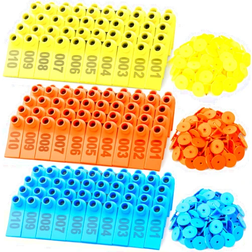 DoubleFill 300 Pcs Livestock Ear Tags for Sheep Goat Cattle 001-100 Number Plastic Sheep Ear Tags for Cow Pig Dog Deer Horse Farm Animal Identification, Blue Yellow Orange