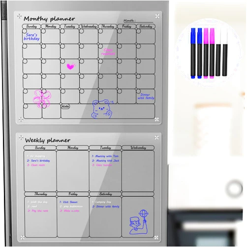 Aquota Magnetic Acrylic Calendar for Fridge, 2 Pcs Clear Acrylic Dry Erase Board of Weekly & Monthly Calendar for Refrigerator Reusable Planning Whiteboard Includes 6 Dry Erase Markers with 3 Colors