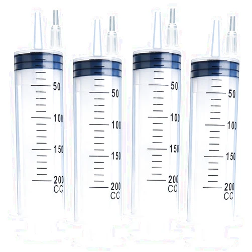 A AKRAF 4 Pack 200ml Reusable Syringes with Tip Adapters, Large Plastic Garden Syringe Individually Packaged for Scientific Labs, Measuring, Watering, Refilling