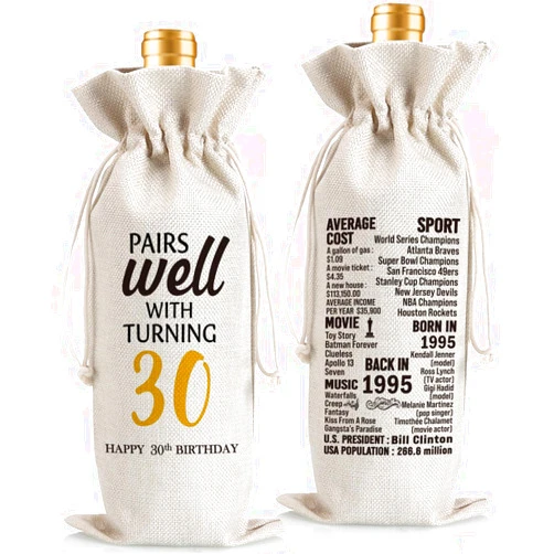 Eterfordista 30th Birthday Gift Ideas for Women Men, Happy 30th Birthday Decor, 30 Years Old Birthday Party Decoration Wine Gifts Bag, Pairs Well with Turning 30, Vintage 1995 Wine Bottle Bag 30 Baby