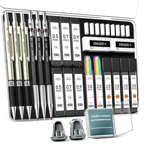 Four Candies 25PCS Art Mechanical Pencil Set with Case, 3PCS Metal Artist Lead Pencil 0.5, 0.7, 0.9 mm & 3PCS 2mm Holder (HB 2H 2B 4B Color) with 432PCS Graphite Lead Refills for Drawing Sketching