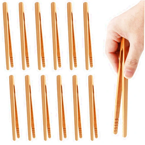 Fansunta 12pcs Reusable Bamboo Toast Tongs - Wooden Toaster Tongs For Cooking & Holding - 7 Inch Long - Ideal Kitchen Utensil For Cheese Bacon Muffin Fruits Bread