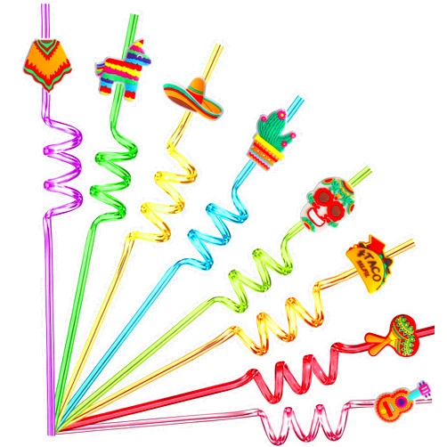TMGIDRI 24 Mexican Fiesta Party Favors, Drinking Straws for Mexican Party Favors, Cinco De Mayo Party Favors for Kids, Taco Party Supplies with 2 Cleaning Brush