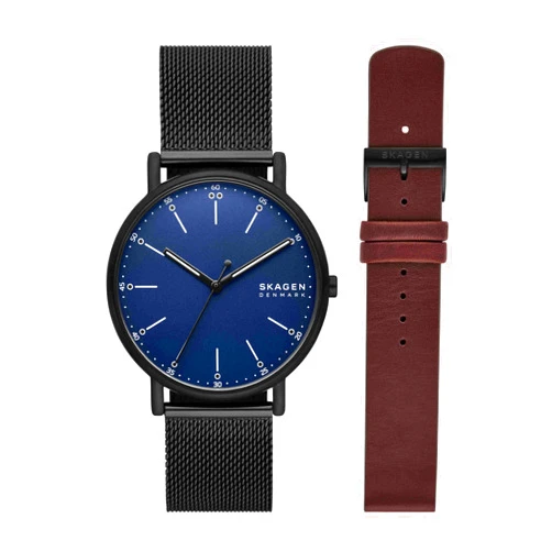 Skagen Men's Signatur Three-Hand Black Stainless Steel Mesh Watch and Strap Set