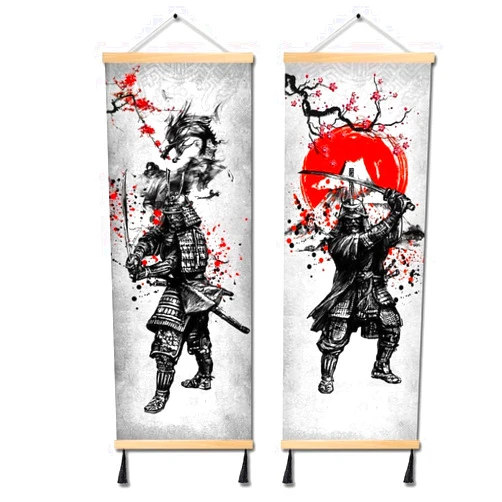 MBOUFOEY 2 Pieces Vintage Style Ancient Japan Warrior Dragon and Fuji Mountain Canvas Samurai Wall Art Print Poster Black And White Artwork Ready To Hang Home Decorations 12