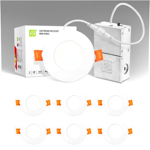 ASD 3 Inch LED Recessed Light - 2700K/3000K/3500K/4000K/5000K, 6W 30W Eqv - Ultra Thin Dimmable Ceiling Lights with J Box, Canless Wafer Downlight - Round Slim Panel Lighting - UL Energy Star (6 Pack)