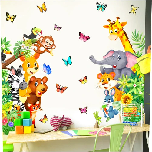 CharmFlo Jungle Forest Animals Wall Decals Animal Door Sticker Removable Reusable Peel Stick Elephant Lion Zebra Giraffe Safari Mural Art Nursery Kids Room Baby Bedroom Playroom Daycare Living Room