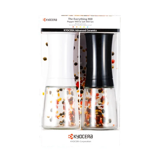Kyocera 2-Piece Pepper, Salt, Seed and Spice Everything Mill Set with Adjustable Advanced Ceramic Grinder, Brilliant White/Bright Black, 3.5”H x 4.8”W x 7.9”L