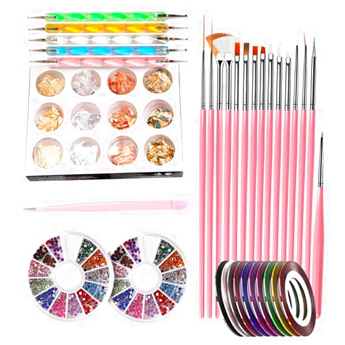 Mongtaydep Nail Art Decoration Set Nail Art Brush Point Drill Pen Nail Art Decoration Gold and Silver Line 12 Color Flat-Bottom Rhinestone Nail Art Foil Paper