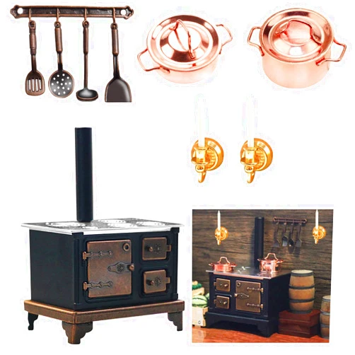 Hiawbon 1/12 Miniature Furniture Cooking Stove Mini Retro Metal Stove with Miniature Wall Candle Holder Mini Pots Mini Spoon Shovel Cookware Tools for 1:12 Scale Kitchen Decoration