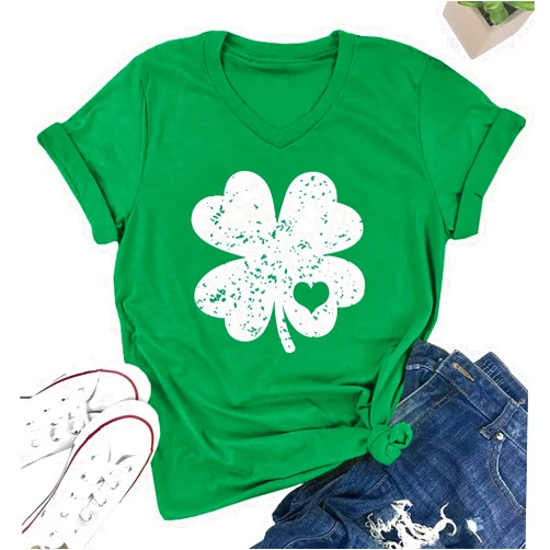LOTUCY St. Patrick Day Shirt Women: Green Shamrock Tee Clover Vintage Tee Top Four Leaf Retro V Neck T Shirts