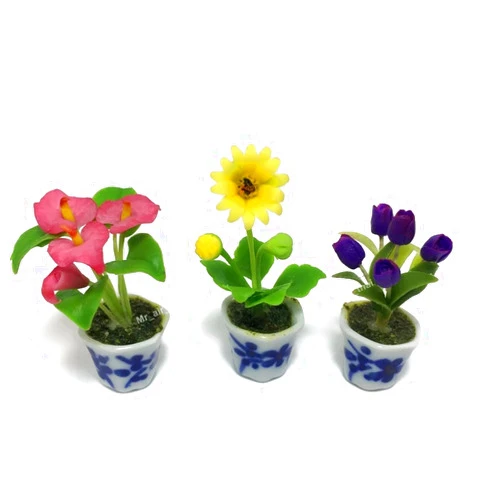 Mr_air_thai_Miniature Cactus and Flower 3pc Miniature Flower Clay Dollhouse Fairy Garden Mini Plant Trees Ceramic Paint Furniture Bundles Artificial Flowers Orchid #058