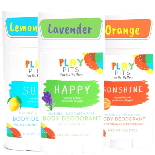 PLAY PITS - Natural Kids Whole Body Deodorant - Safe for Girls & Boys w/Sensitive Skin of All Ages - Clean & Paraben Free – SUGA, SONSHINE, & HAPPY - Infused w/Essential Oils – Variety 3 pack