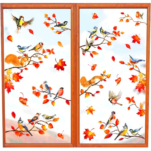 Whaline 9 Sheets Fall Thanksgiving Window Cling Bird Branch Leaves Window Sticker Colorful Double-Sided Window Decal for Autumn Holidays Thanksgiving Harvest School Home Party Decor, 7.9 x 11.8 Inch