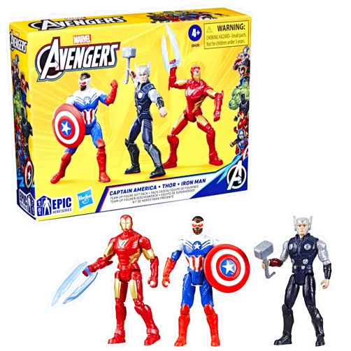 Marvel Avengers Epic Hero Series Team-Up Gift Pack, 4-Inch-Scale (10cm) Captain America, Thor, Iron Man Action Figures, Toys for Kids Ages 4 and Up