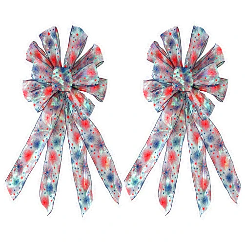 EVRWO 2pcs Large Patriotic Wreath Bows, 4th of July Memorial Independence Day Colorful Fireworks Patterns Bows American Flag Bow Indoor Outdoor Door Wall Home Decoration
