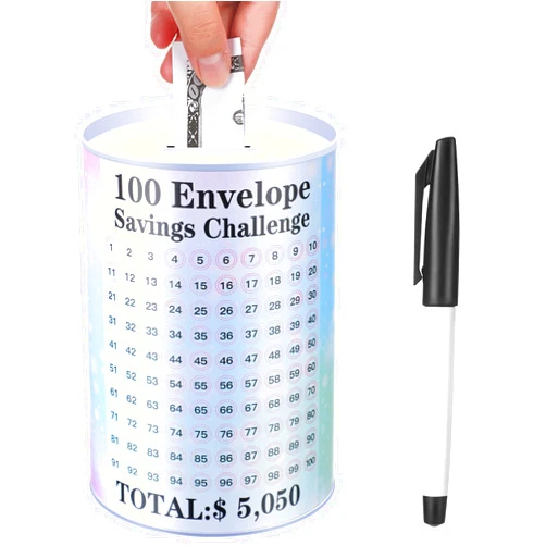 Willinglong Piggy Bank for Adults 100 Days Money Saving Challenge Box Piggy Bank with Marker Pen Money Saving Challenge Jar for Cash Coin Savings Challenge Goals Debt Challenge Easy and Fun Way to Save