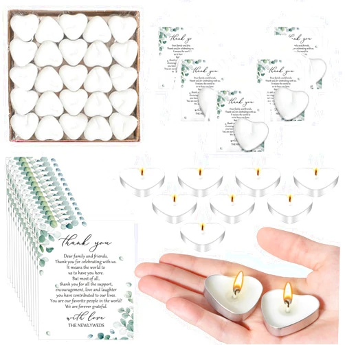 Threlaco 100 Sets Wedding Gifts for Guests Heart Shaped Candles Mini Candles Wedding Candle Gifts for Guests Thank You Cards and Organza Bags for Wedding Party Favors