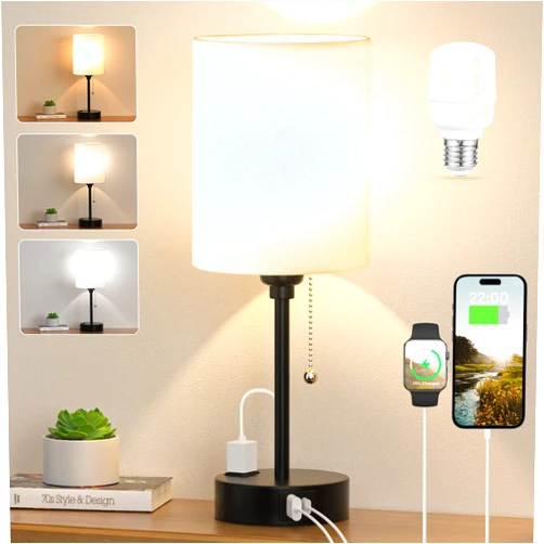 Dicoool Small Bedside Table lamp for Bedroom - 3 Color Temperatures Bedside Lamps with USB C and A Ports, Pull Chain Table Lamps with AC Outlet, White Nightstand Lamps with Black Metal Base for Kids Reading