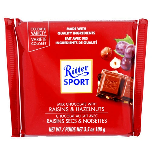 Ritter Sport, Raisin & Hazelnut Chocolate Bar, 3.5 oz