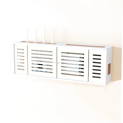 PAKMEZ Wooden Wall Mounted WiFi Box Hider, Power Strip Cable Management Rack, Large Capacity, Easy Installation, For Bedroom Living Room, Office and Home(White)