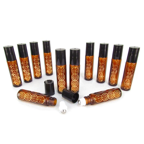 Rivertree Life Set of 12 - Yasime 10ml Brown Amber Embellished Empty Glass Roll On Bottle With Stainless Steel Ball