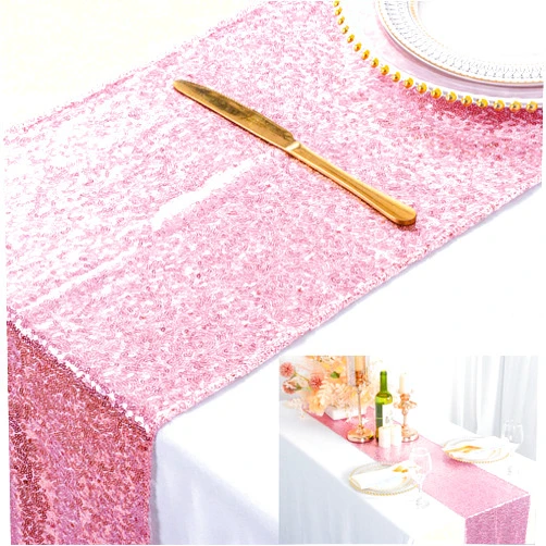 ShinyBeauty 12x72-Inch Rectangle-Sequin Table Runner-Fushia Pink for Wedding/Party/Decor (12x72-Inch) Rose Pink Table Runner Metallic Linen Table Runner for Birthday Baby Shower Decorations