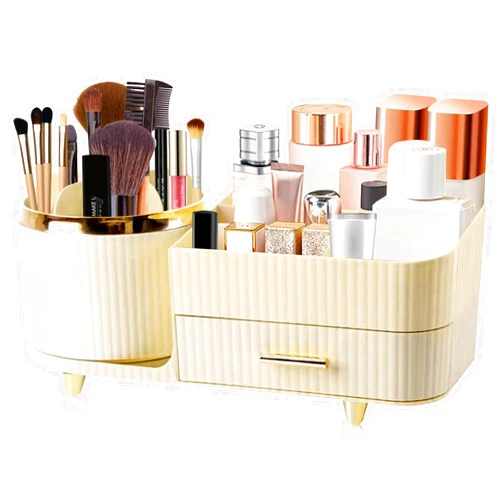 BanYakong 360° Rotating Makeup Organizer for Vanity with Drawers, Large Capacity Cosmetic Display Cases for Cosmetics, Skincare,Perfume, Bathroom Vanity Desktop Organizer (white)