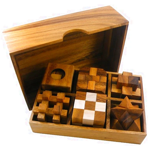 Winshare Puzzles and Games 6 Wooden Puzzle Gift Set in A Wood Box - 3D Unique IQ Puzzles