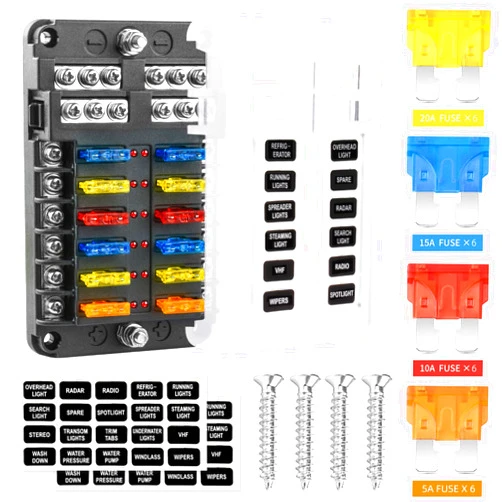 JinYuan 12 Way 12V Fuse Box Blade, 12Volt Fuse Block with LED Indicator Waterproof Cover - 12-Way Individual Positive Fuse Holder with Ground Bus Holder for 12V/24V AutoTruck Boat Marine RV Van Vehicle