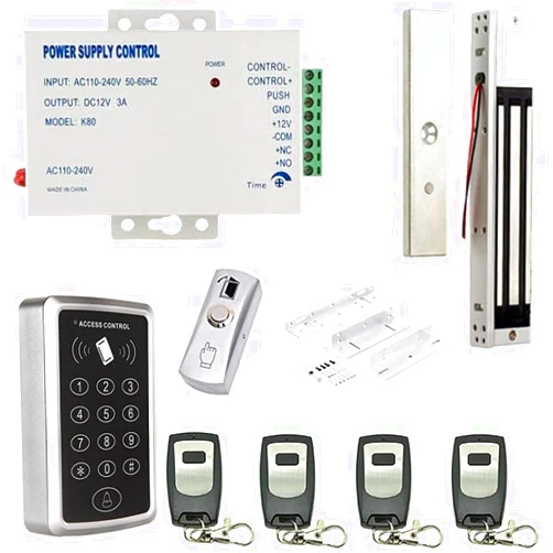MENGQI-CONTROL Inward or Outward Door Remote Open 600lbs Electric Magnetic Lock Keypad Access Control Kit 4 Remote Control ZL Bracket 110-240V Power Supply Unit Push to Exit Button