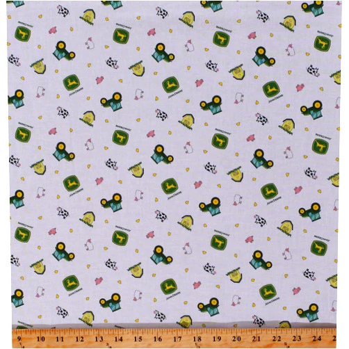 Fields FABRICS Cotton Farmer Farm Pigs Animals Cows Sheep John Deere Tractor Toss White Cotton Fabric Print by The Yard (D363.40)
