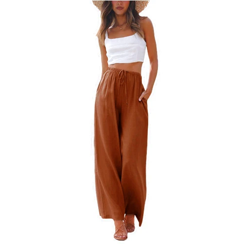 Faleave Women's Cotton Linen Summer Palazzo Pants Flowy Wide Leg Beach Trousers with Pockets