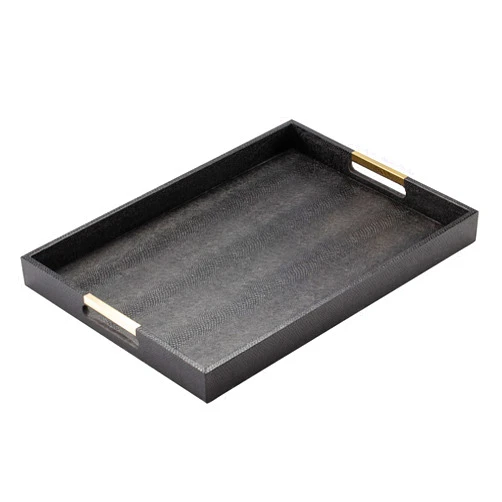 Mixvisa Modern Snakeskin Serving Tray with Handles, Decorative Coffee Table Trays, Breakfast Food Trays for Eating on Couch, Ottoman Tray for Living Room, Kitchen, Bedroom, Parties, Black, 18.9”